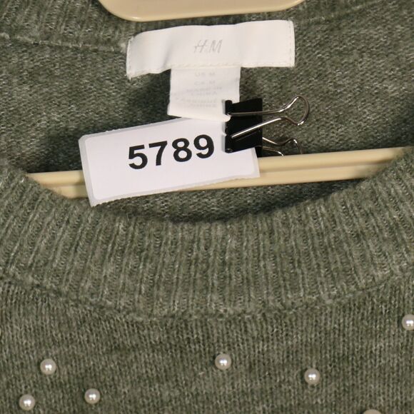 H&M Green Fuzzy Wool Blend Sweater Women M Faux Pearl Embellished Soft Cozy Chic - Picture 8 of 8